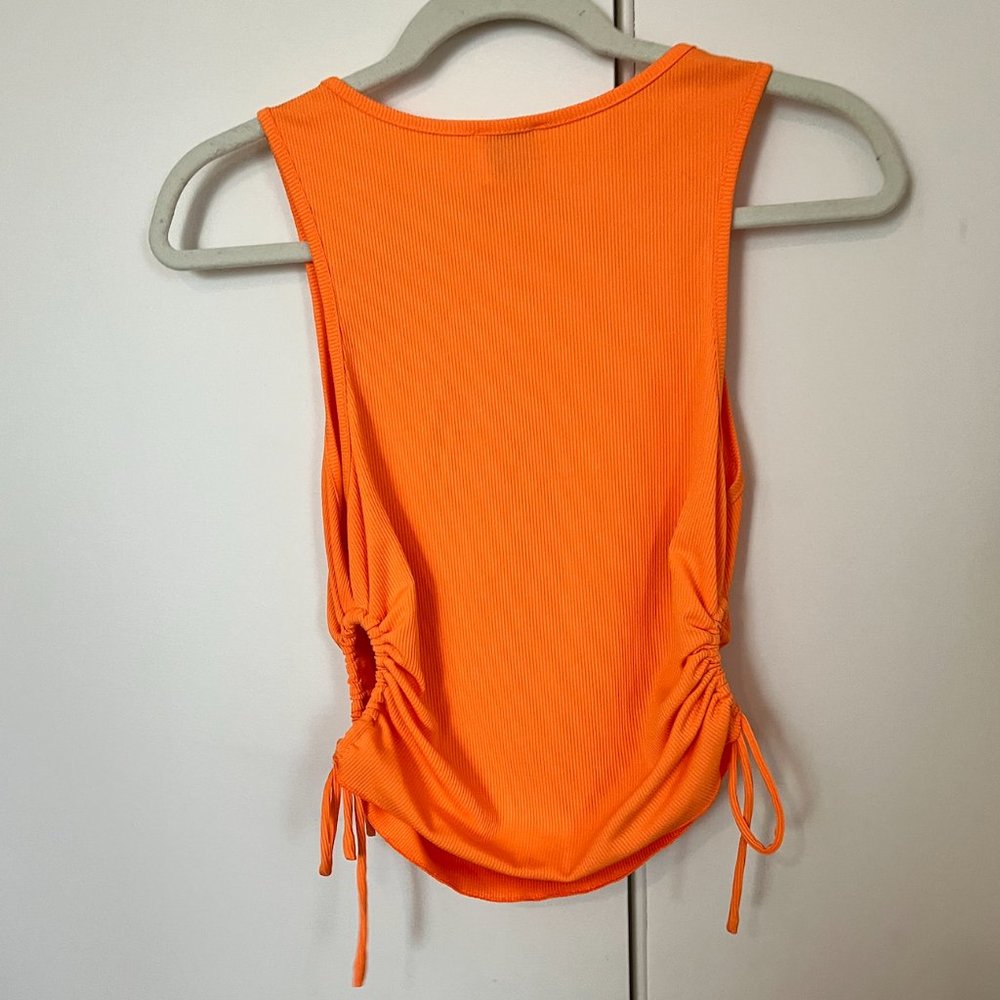 Women’s Orange Ribbed Drawstring Crop Tank Top - Picture 9 of 10